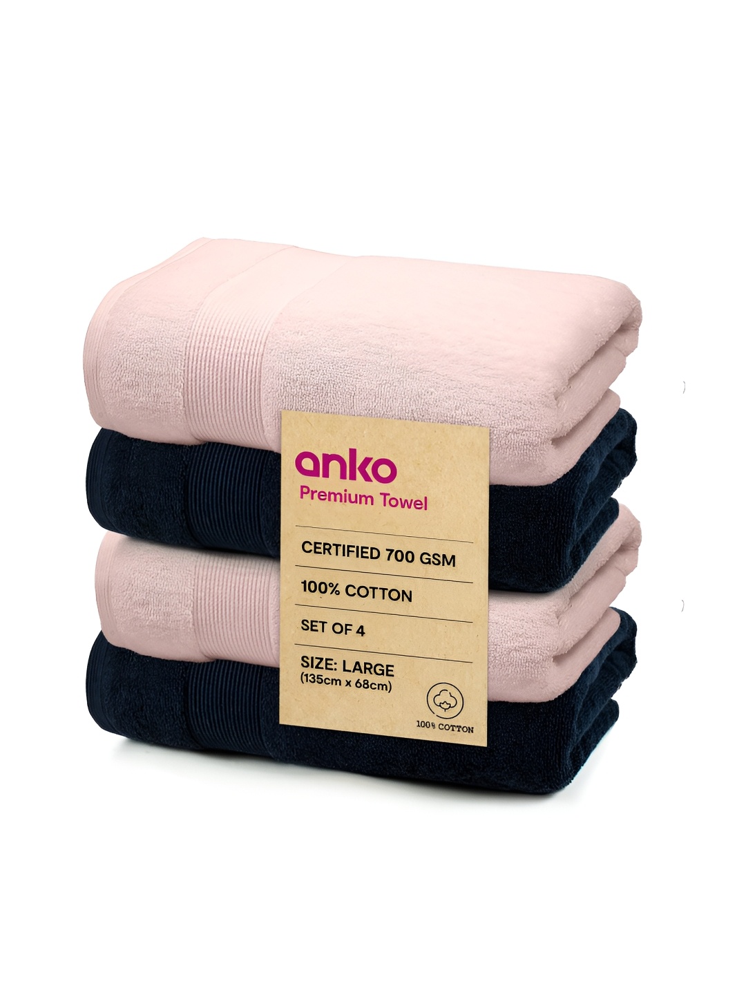 

Anko Navy Blue & Pink 4 Pcs Cotton 670 GSM Bath Towel