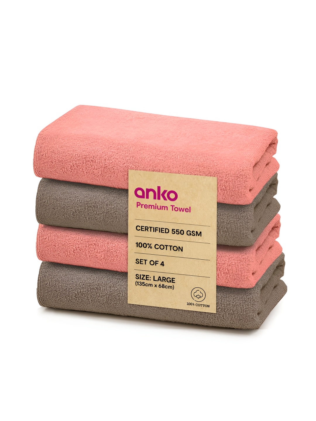 

Anko Pink & Brown 4 Pcs Cotton 550 GSM Bath Towel