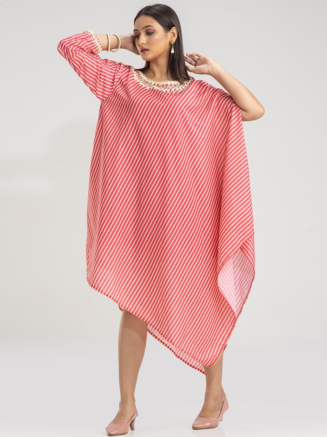 

SACRED SUTA Striped Kimono Sleeve Crepe Kaftan Midi Dress, Red