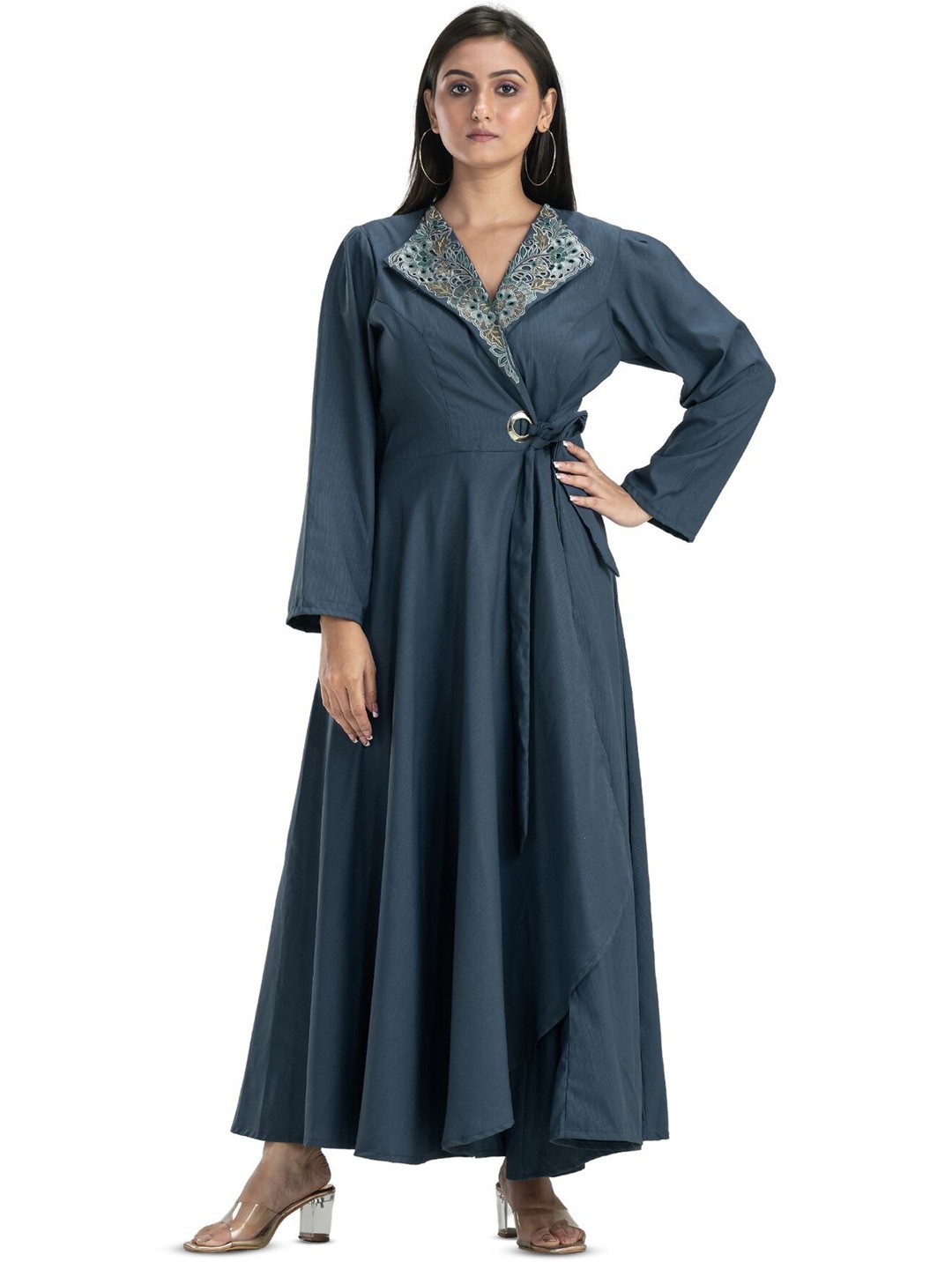 

SACRED SUTA Lapel Collar Long Sleeves Satin Maxi Dress, Blue