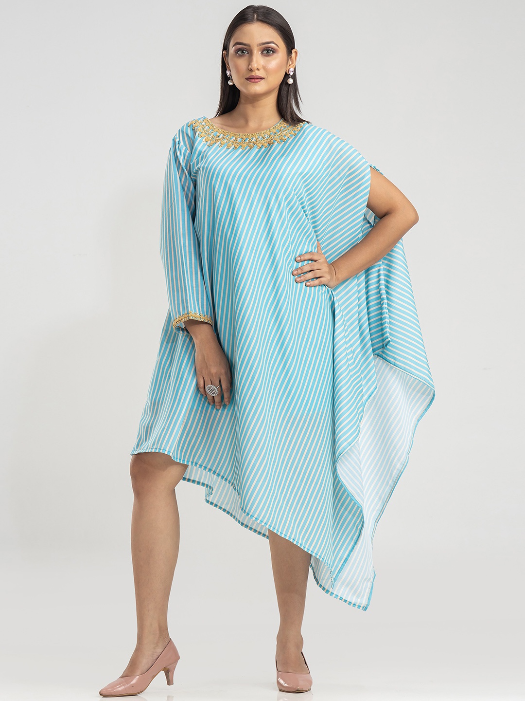 

SACRED SUTA Striped Kimono Sleeve Crepe Kaftan Midi Dress, Blue