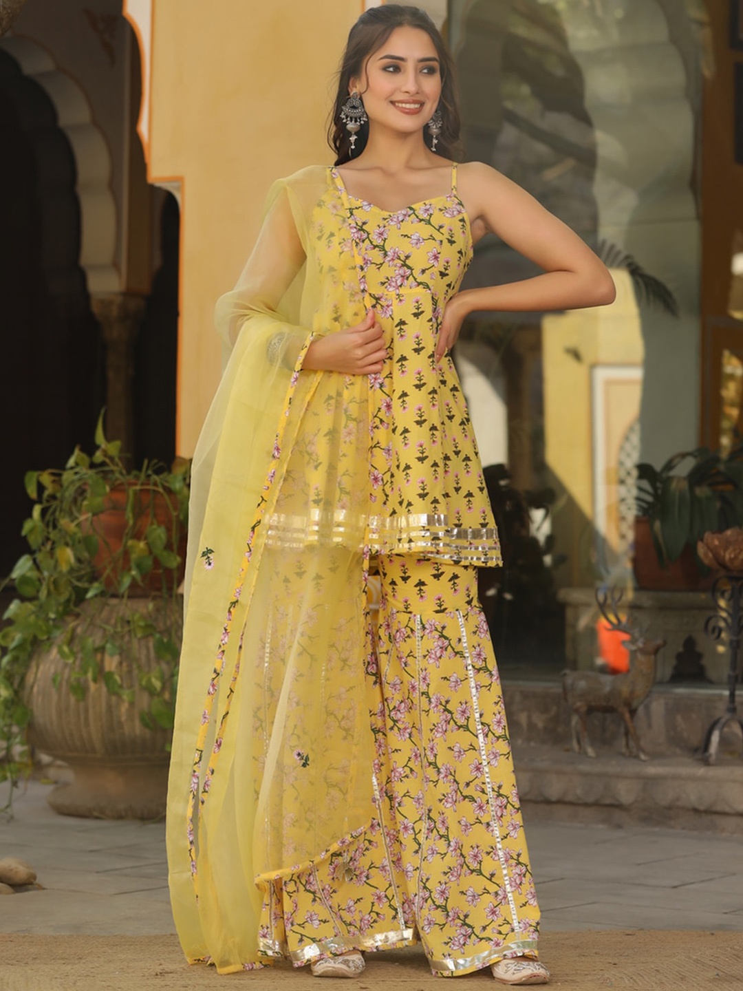 

Rangeelo Floral Printed Gotta Patti Pure Cotton Kurti With Sharara & Dupatta, Yellow