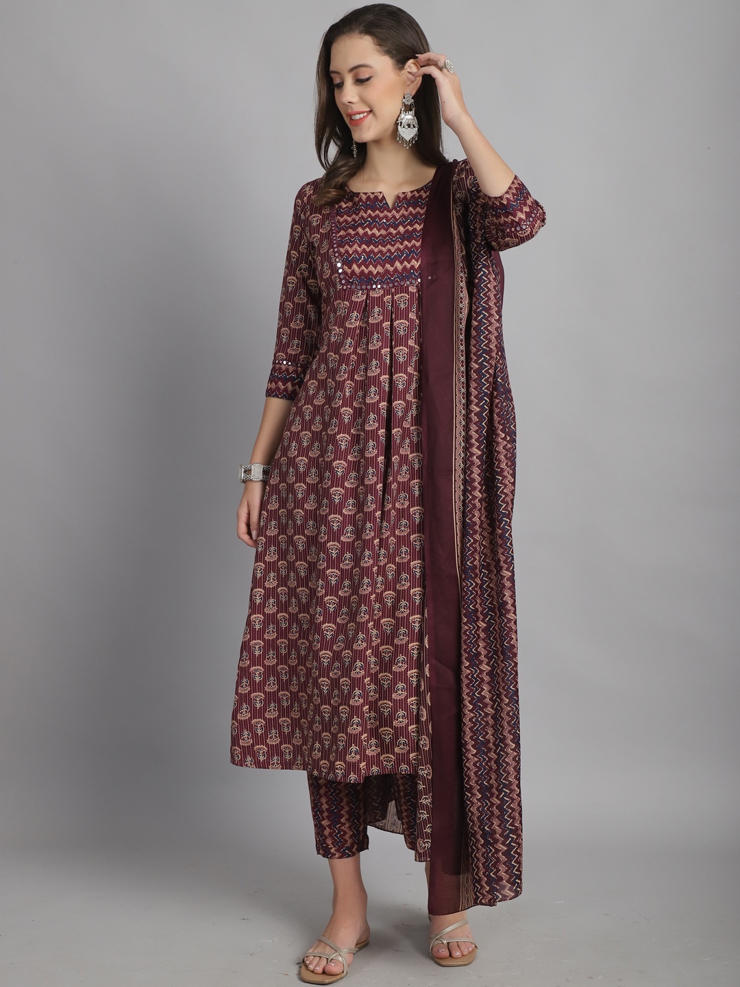 

KALINI Notched Neck Mirror Work Floral Printed A Line Kurti with Trouser & Dupatta, Maroon