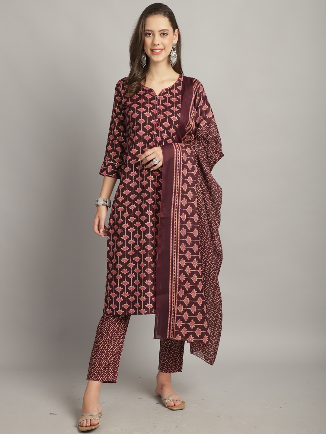 

KALINI Round Neck Floral Printed Regular Kurta with Trousers & With Dupatta, Maroon