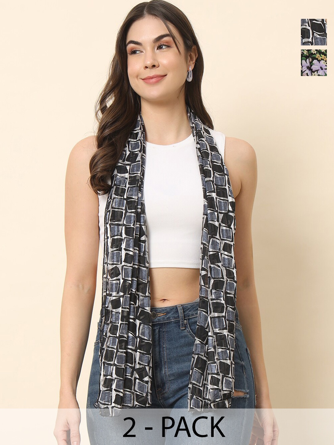 

Trend Arrest Pack Of 2 Printed Tasseled Scarves, Green