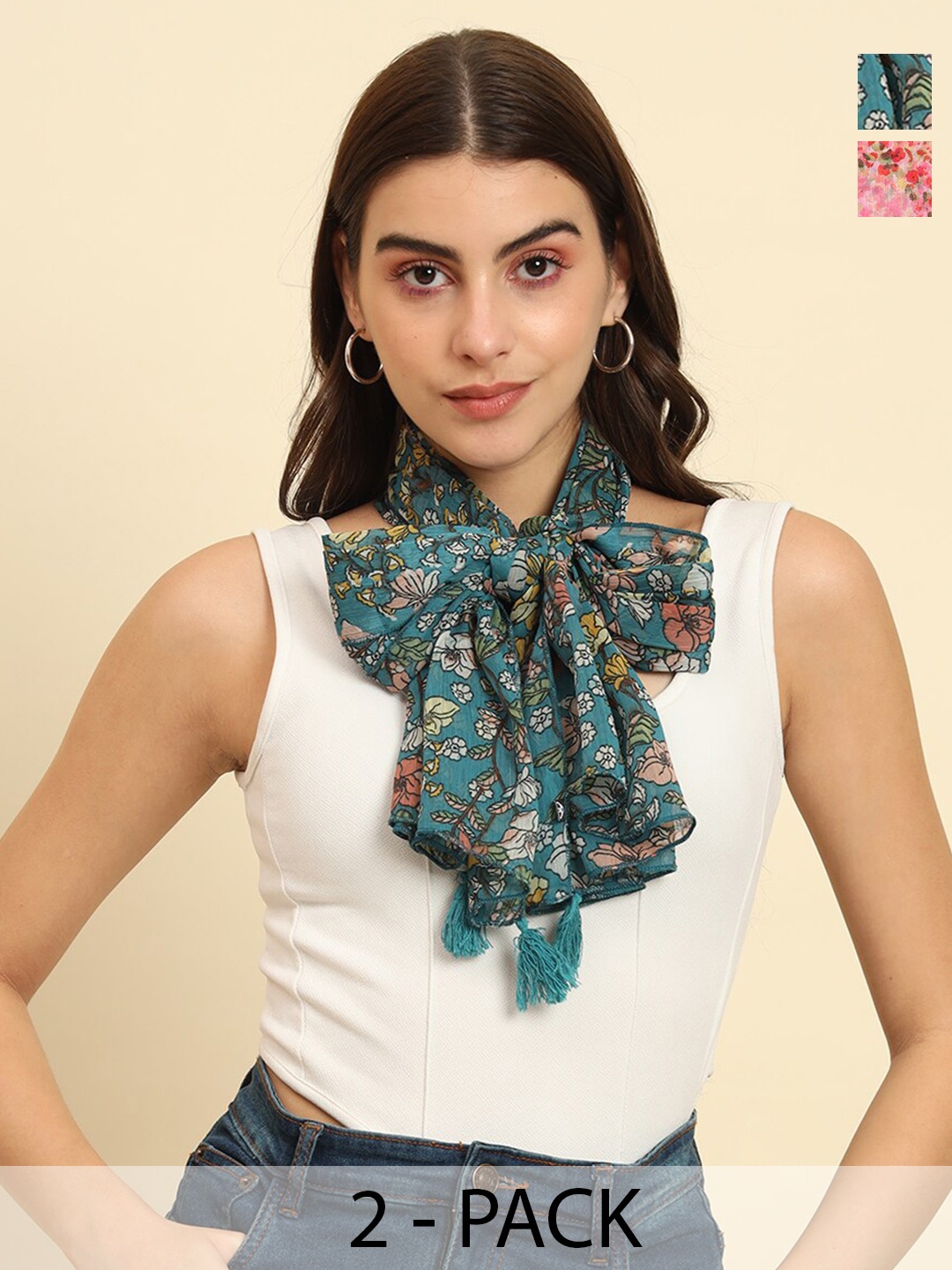 

Trend Arrest Pack Of 2 Floral Printed Tasseled Scarves, Blue