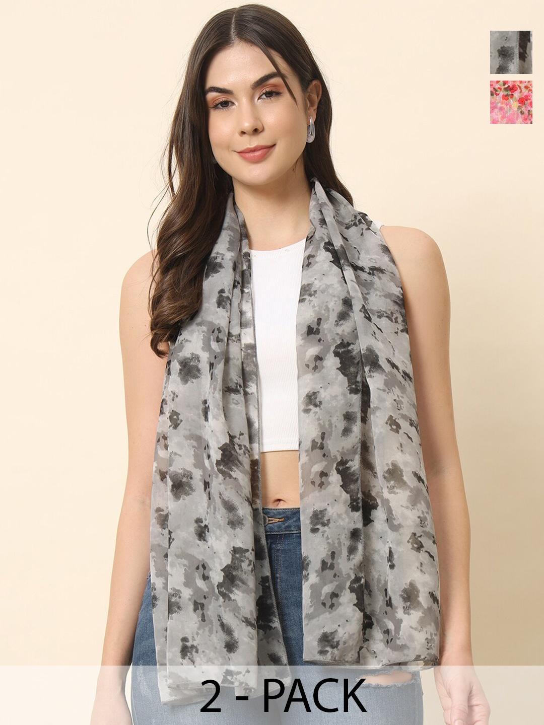

Trend Arrest Pack Of 2 Printed Tasseled Scarves, Pink