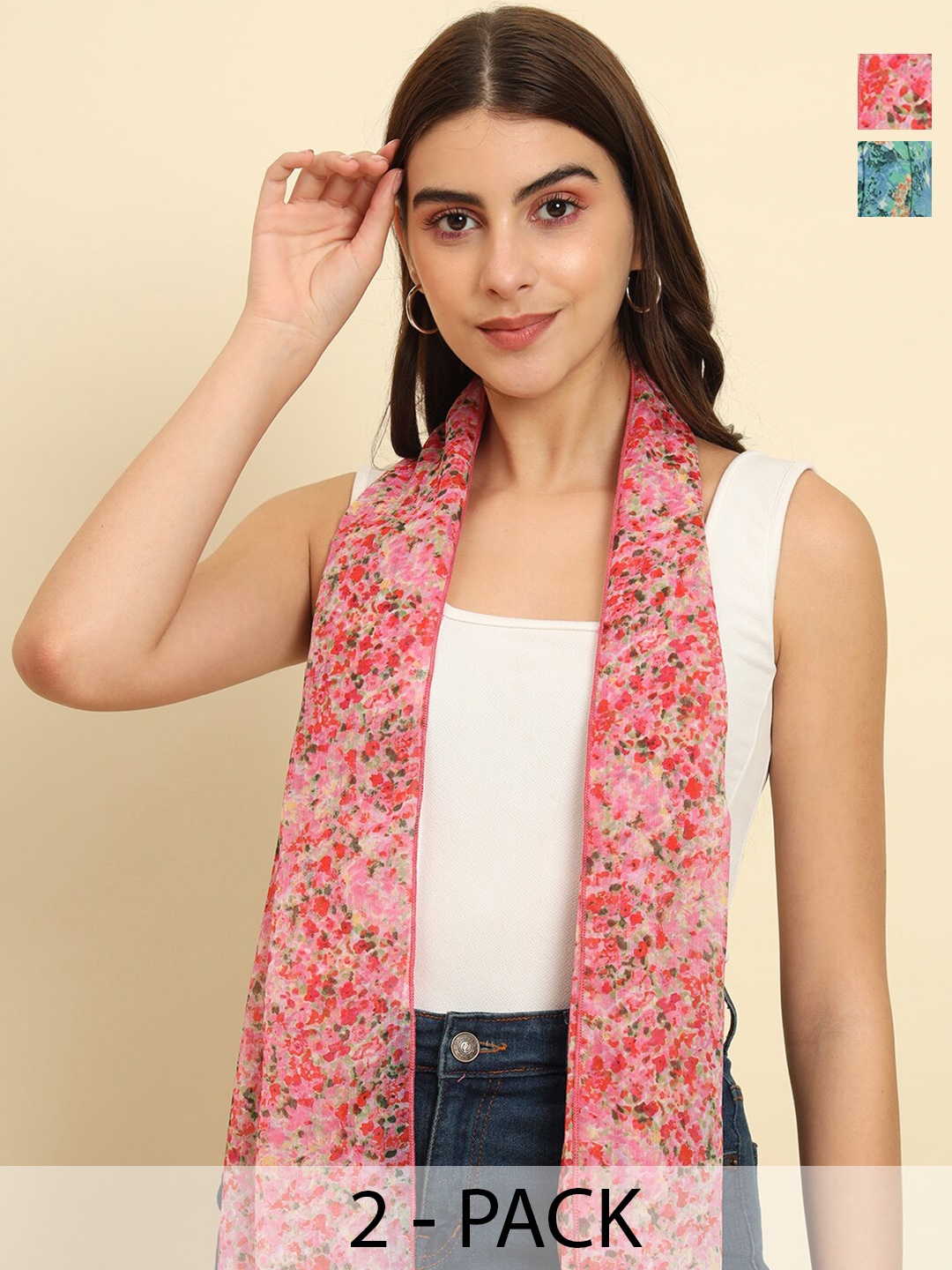 

Trend Arrest Pack Of 2 Floral Printed Tasseled Scarves, Pink
