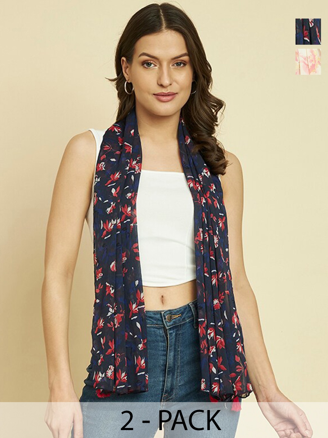 

Trend Arrest Pack Of 2 Floral Printed Tasseled Scarves, Navy blue
