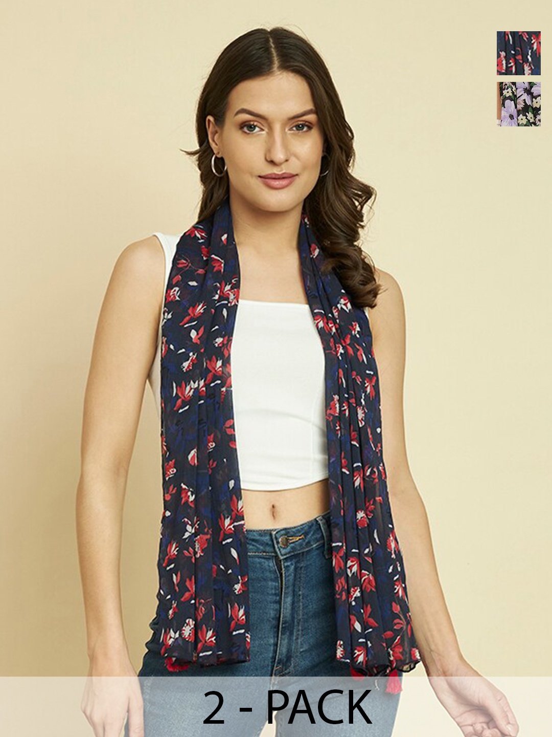 

Trend Arrest Pack Of 2 Floral Printed Scarves, Navy blue