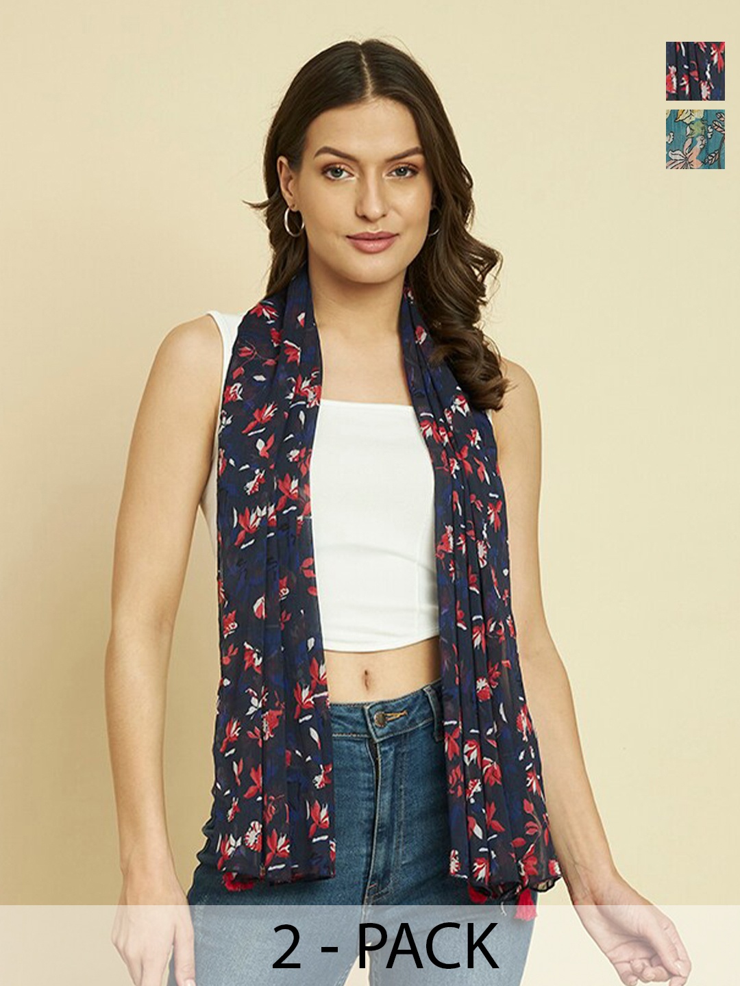 

Trend Arrest Pack Of 2 Floral Printed Tasseled Scarves, Navy blue