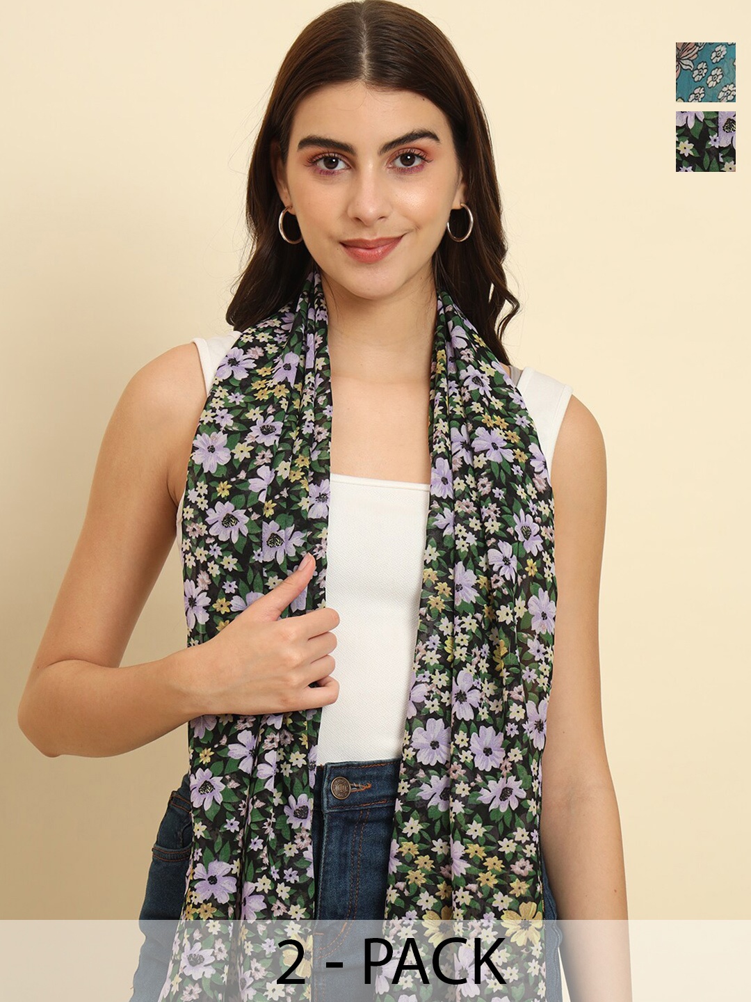 

Trend Arrest Pack Of 2 Floral Printed Tasseled Scarves, Green