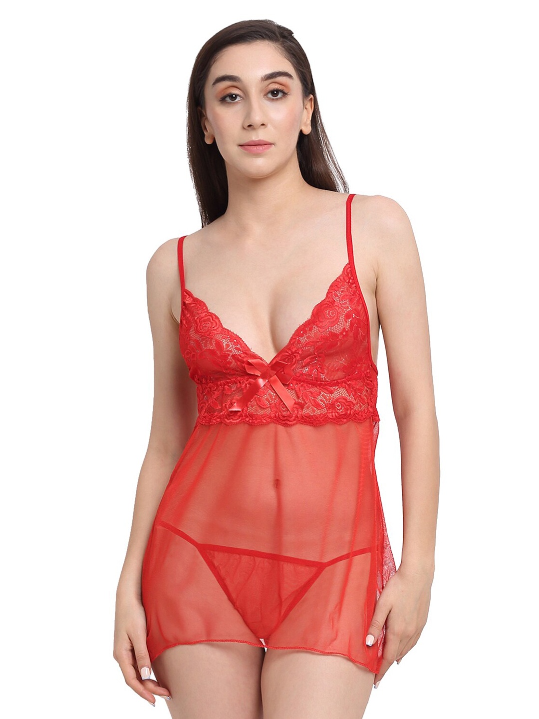 

The Mini NEEDLE Self Design Satin Baby Doll, Red