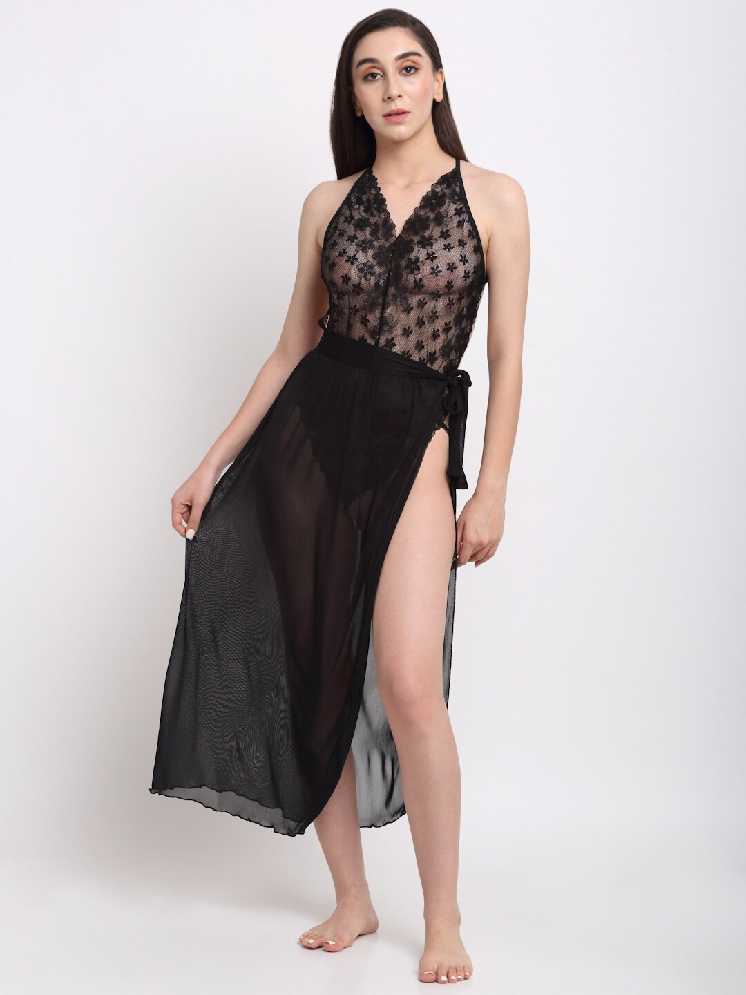 

The Mini NEEDLE Self Design Halter Neck Satin Net Baby Doll, Black