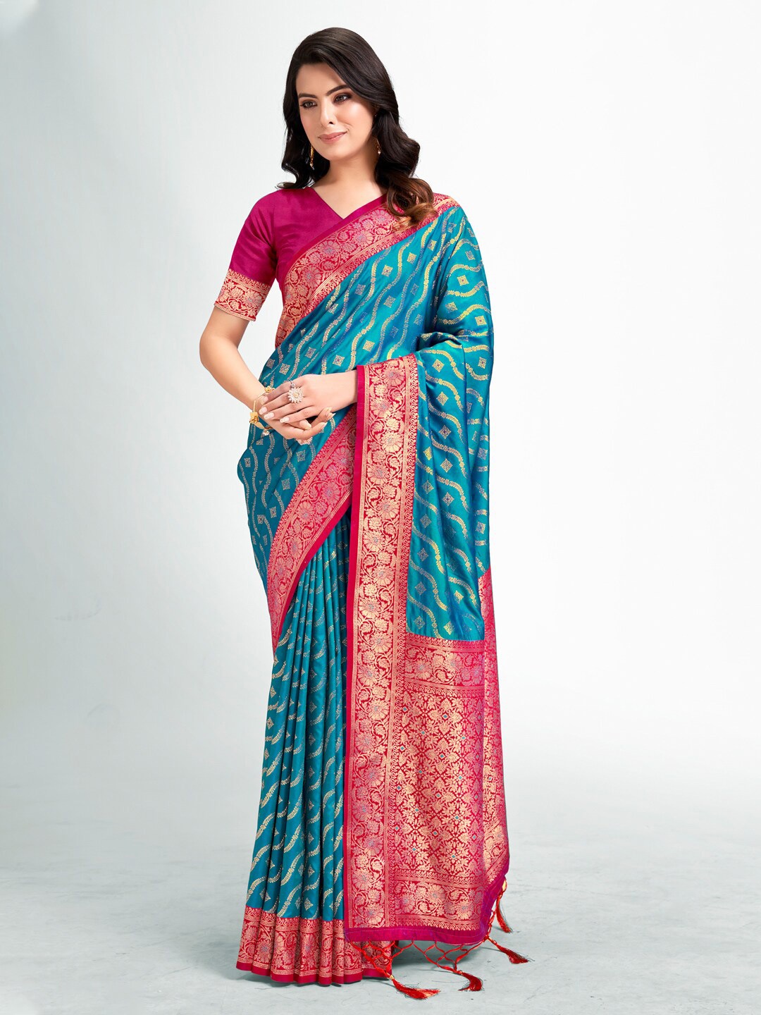 

SANGAM PRINTS Ethnic Motifs Woven Design Zari Banarasi Saree, Blue