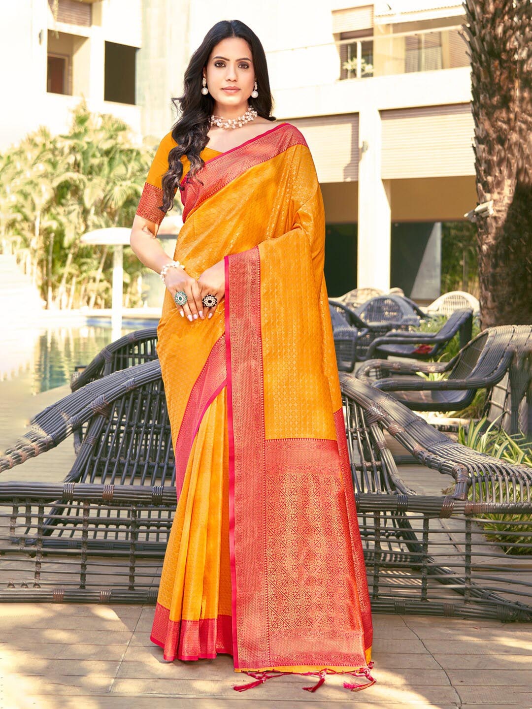 

SANGAM PRINTS Ethnic Motifs Woven Design Zari Banarasi Saree, Mustard