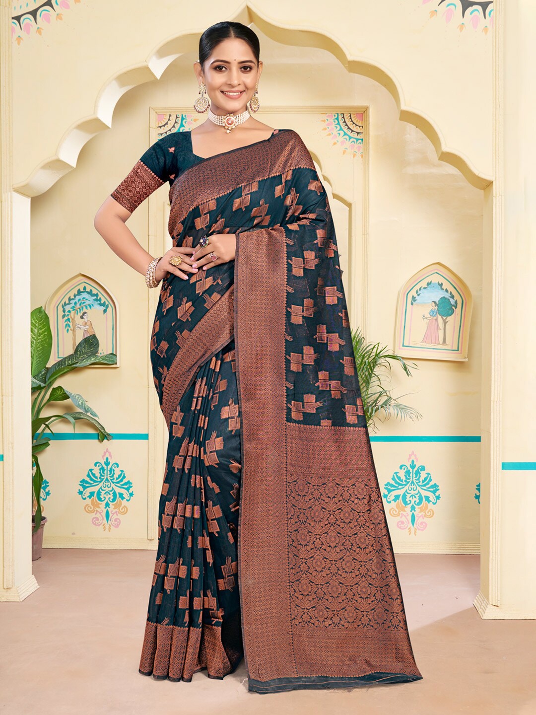 

SANGAM PRINTS Geometric Woven Design Zari Saree, Navy blue