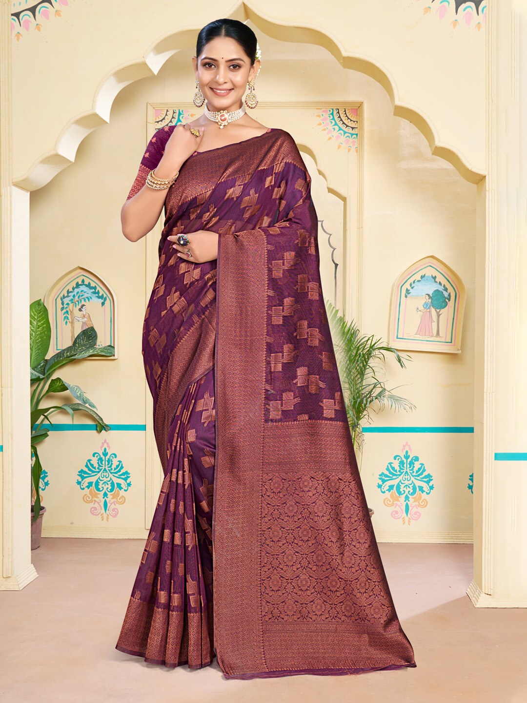 

SANGAM PRINTS Geometric Woven Design Zari Saree, Purple