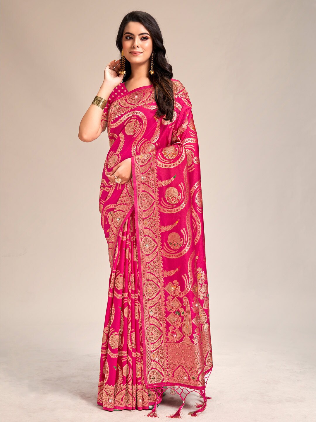 

SANGAM PRINTS Ethnic Motifs Woven Design Zari Banarasi Saree, Pink