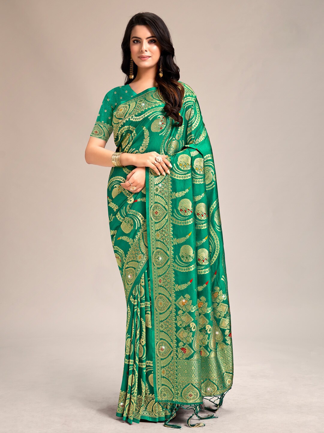 

SANGAM PRINTS Floral Woven Design Zari Banarasi Saree, Green