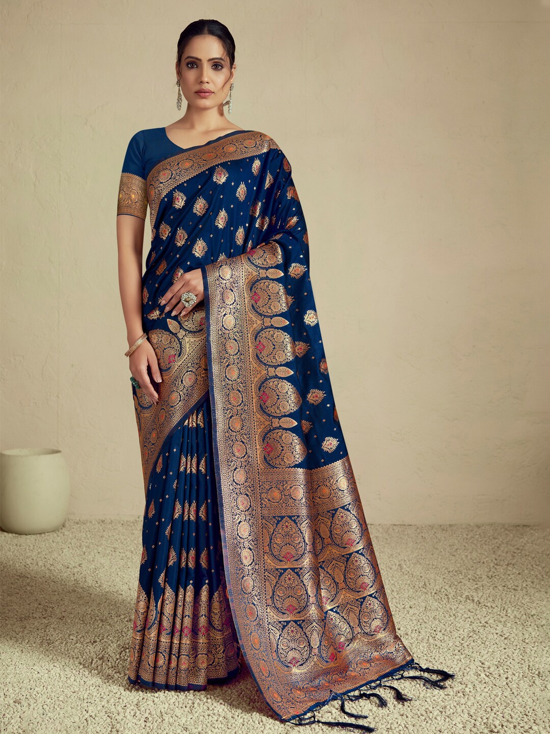 

SANGAM PRINTS Ethnic Motifs Zari Banarasi Saree, Blue