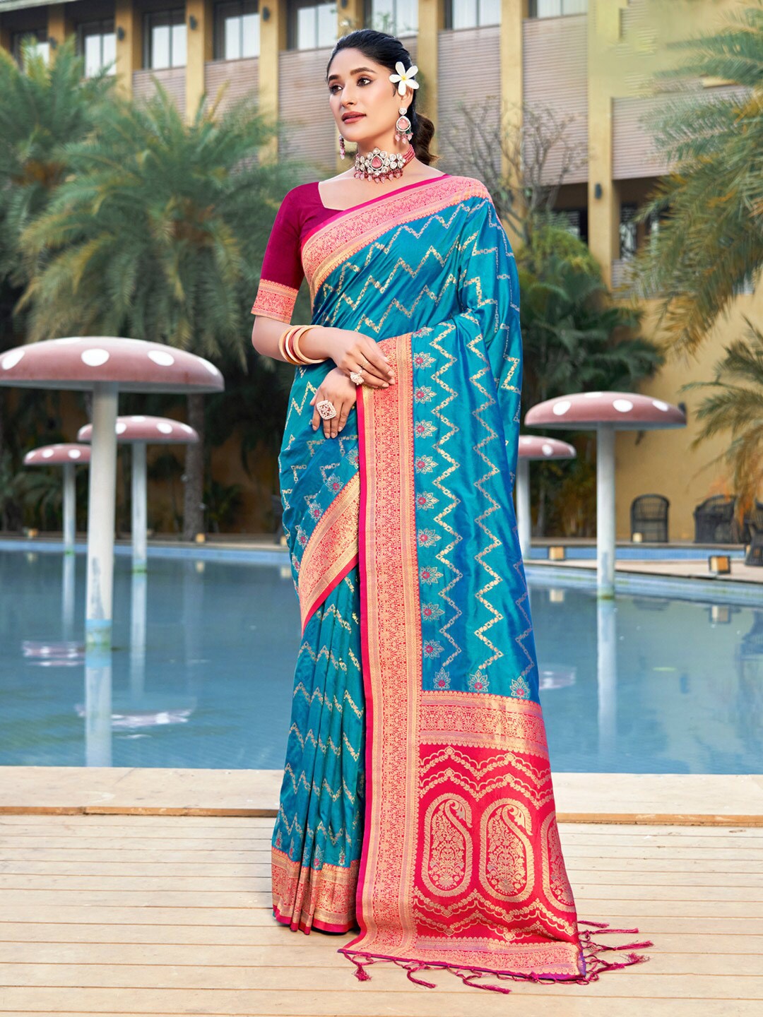 

SANGAM PRINTS Ethnic Motifs Woven Design Zari Banarasi Saree, Blue