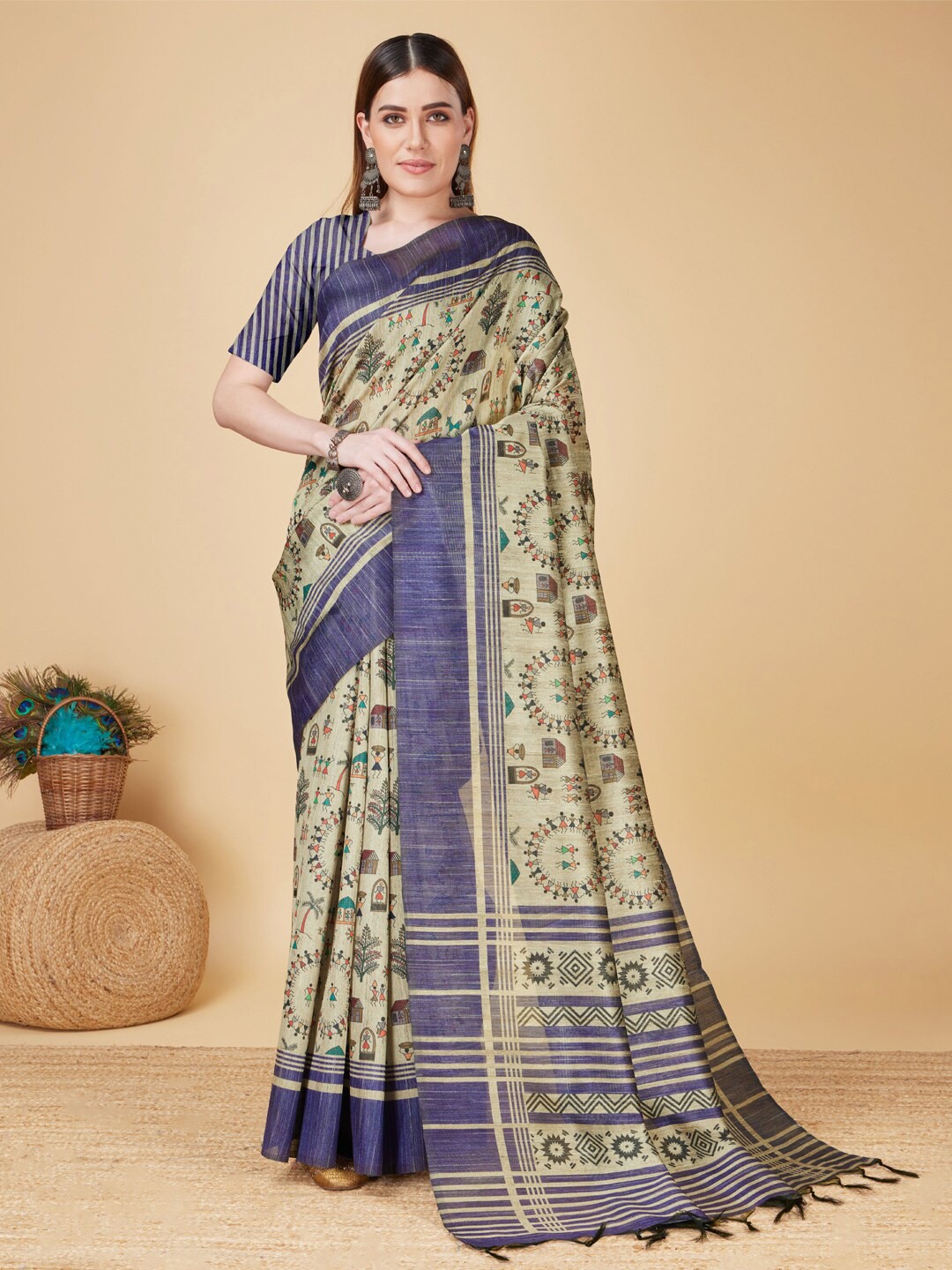 

SANGAM PRINTS Abstract Printed Mysore Silk Saree, Beige