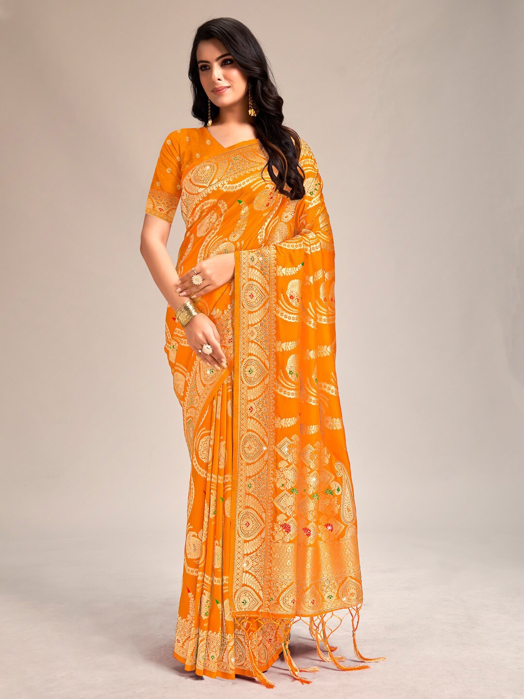 

SANGAM PRINTS Ethnic Motifs Woven Design Zari Banarasi Saree, Mustard