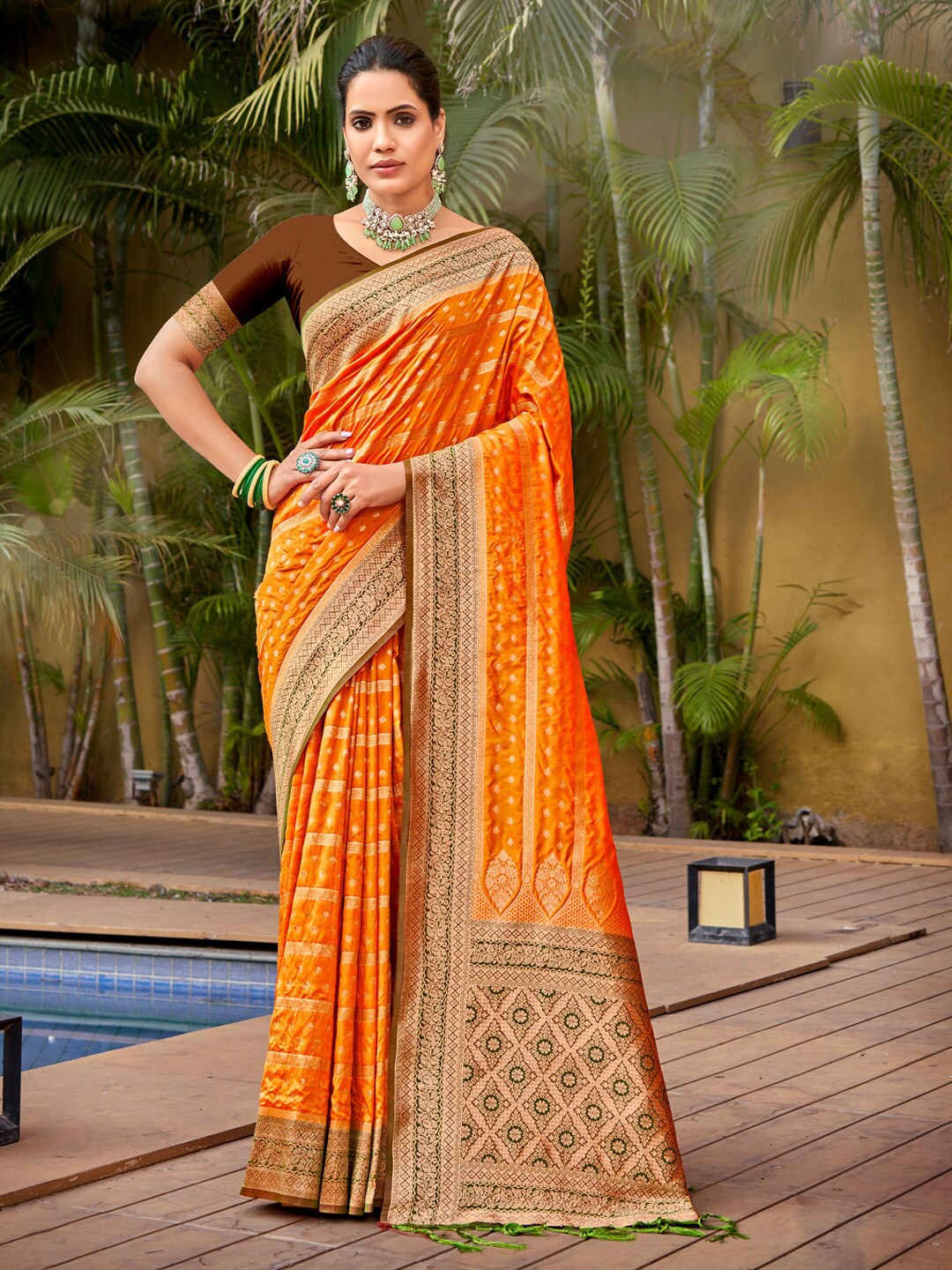 

SANGAM PRINTS Ethnic Motifs Woven Design Zari Banarasi Saree, Mustard