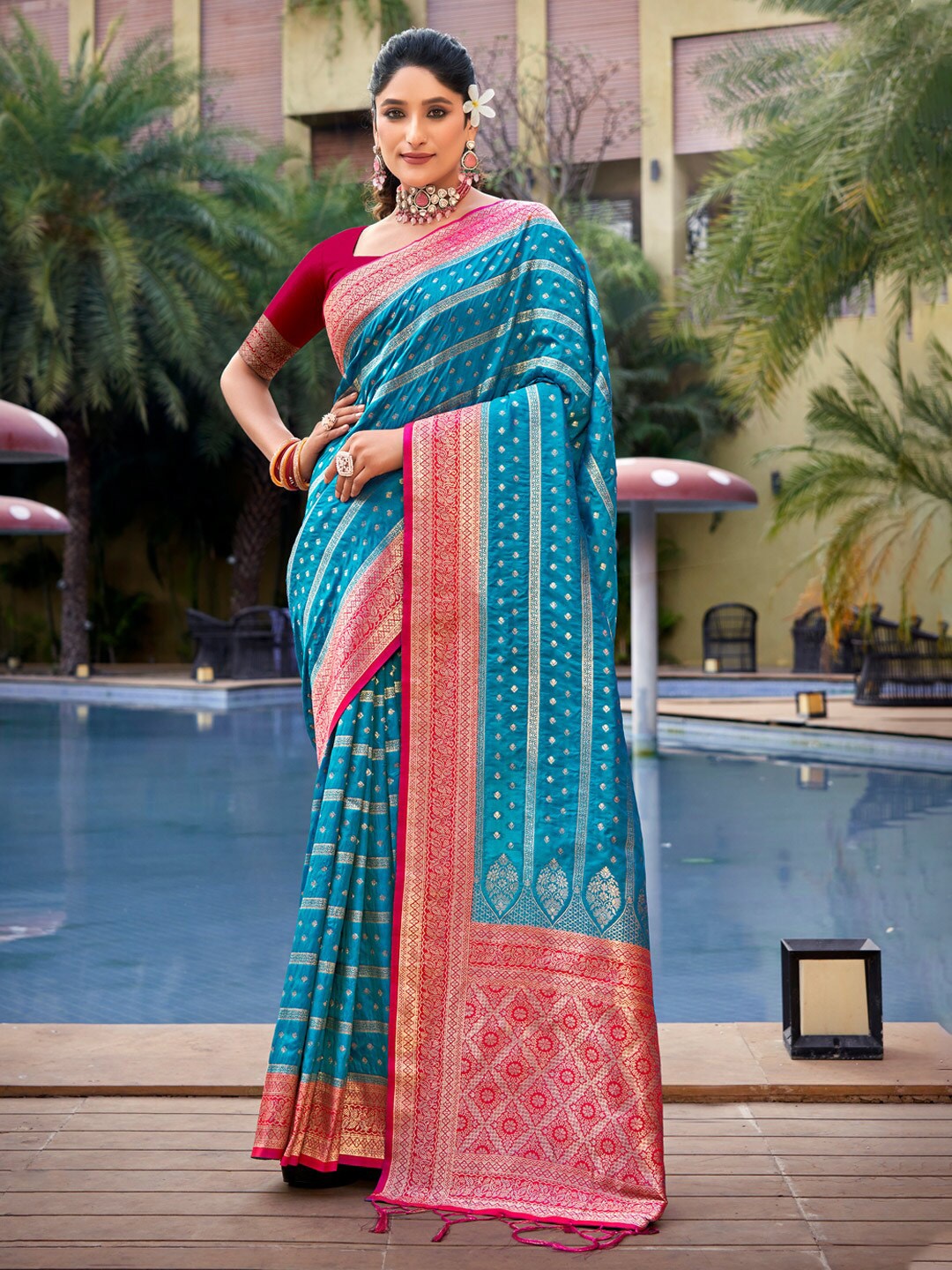 

SANGAM PRINTS Ethnic Motifs Woven Design Zari Banarasi Saree, Blue