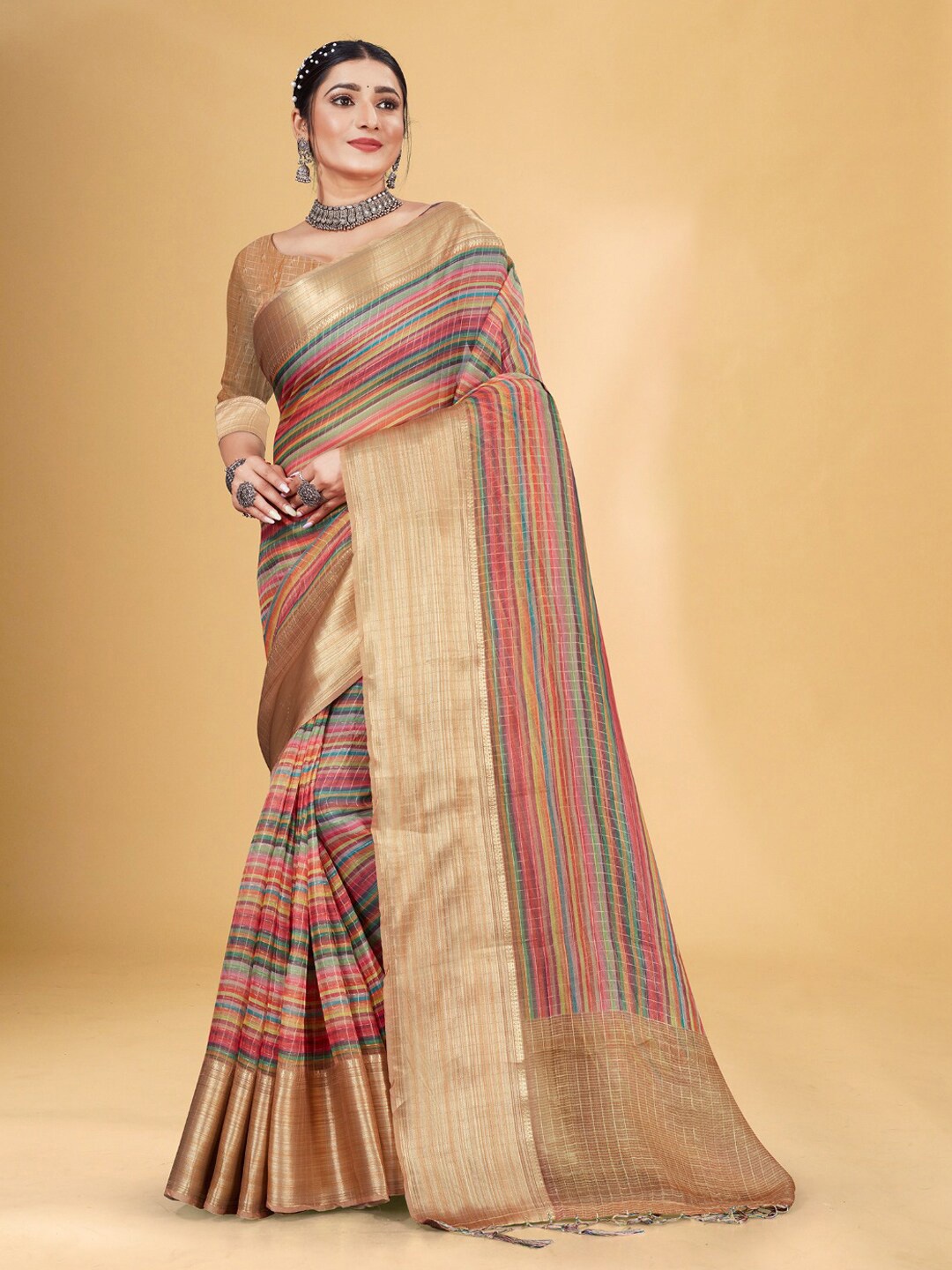 

SANGAM PRINTS Striped Zari Organza Saree, Pink