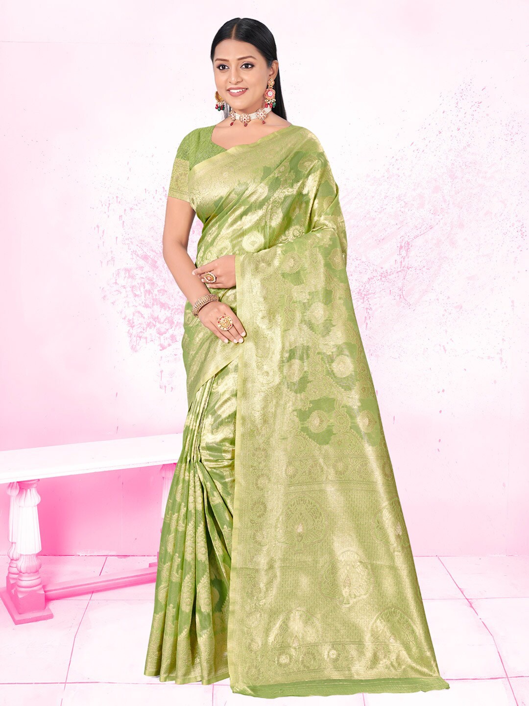

SANGAM PRINTS Woven Design Zari Saree, Green