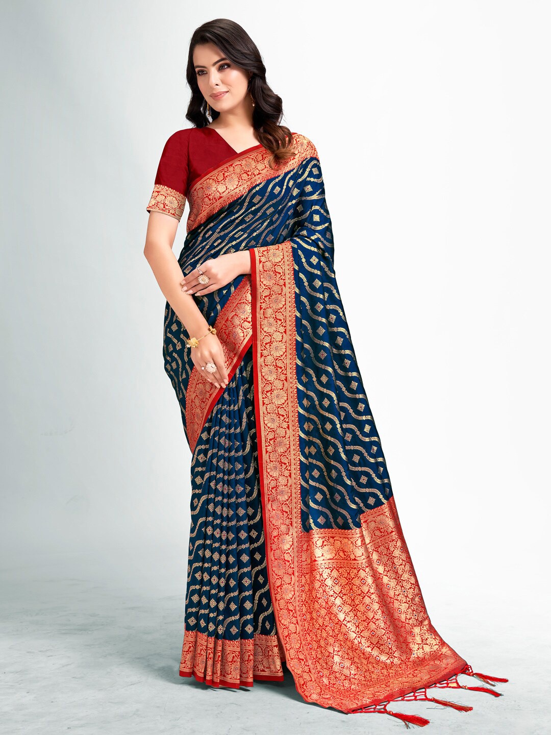 

SANGAM PRINTS Ethnic Motifs Woven Design Zari Banarasi Saree, Navy blue