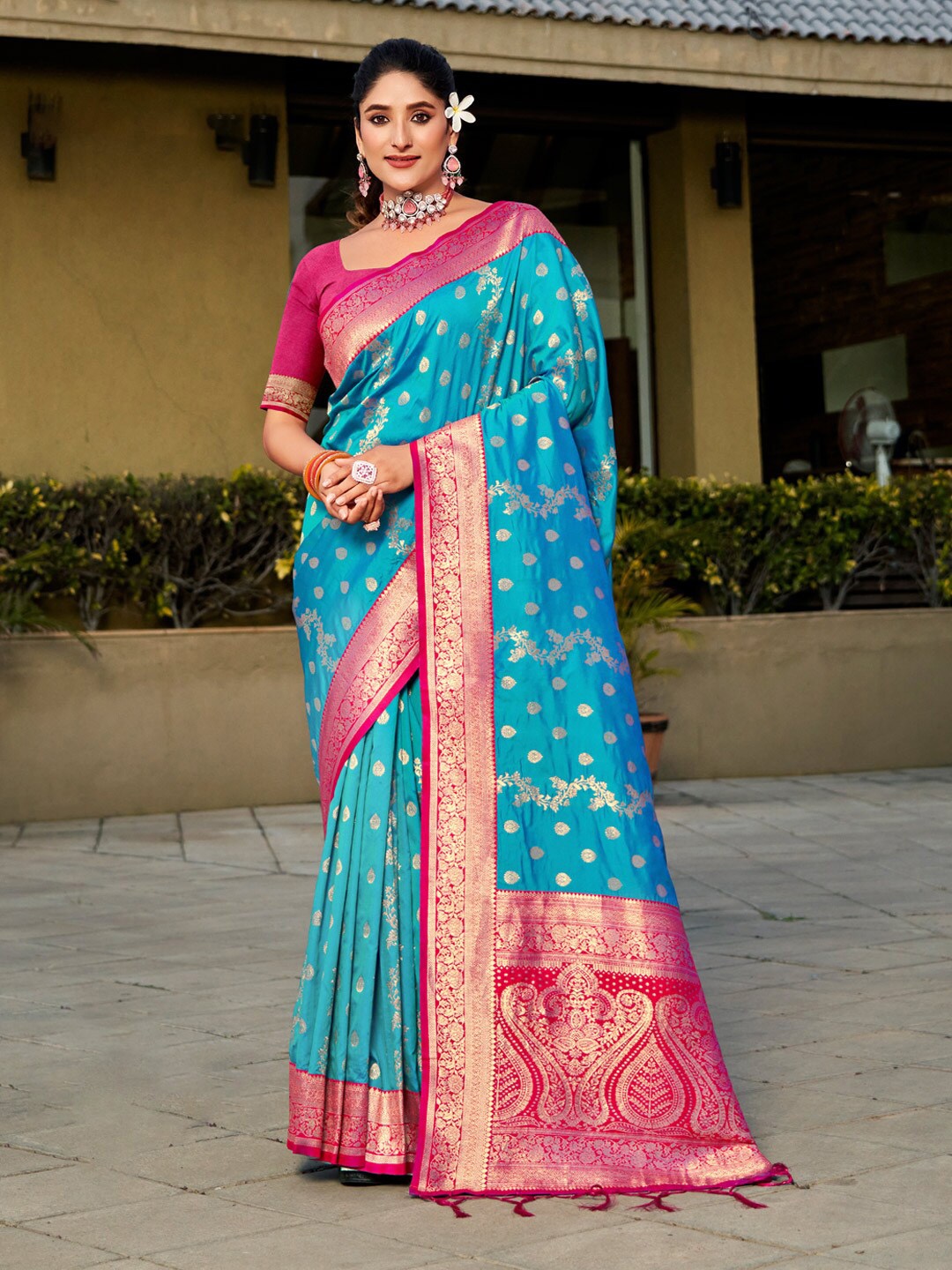 

SANGAM PRINTS Woven Design Zari Banarasi Saree, Blue