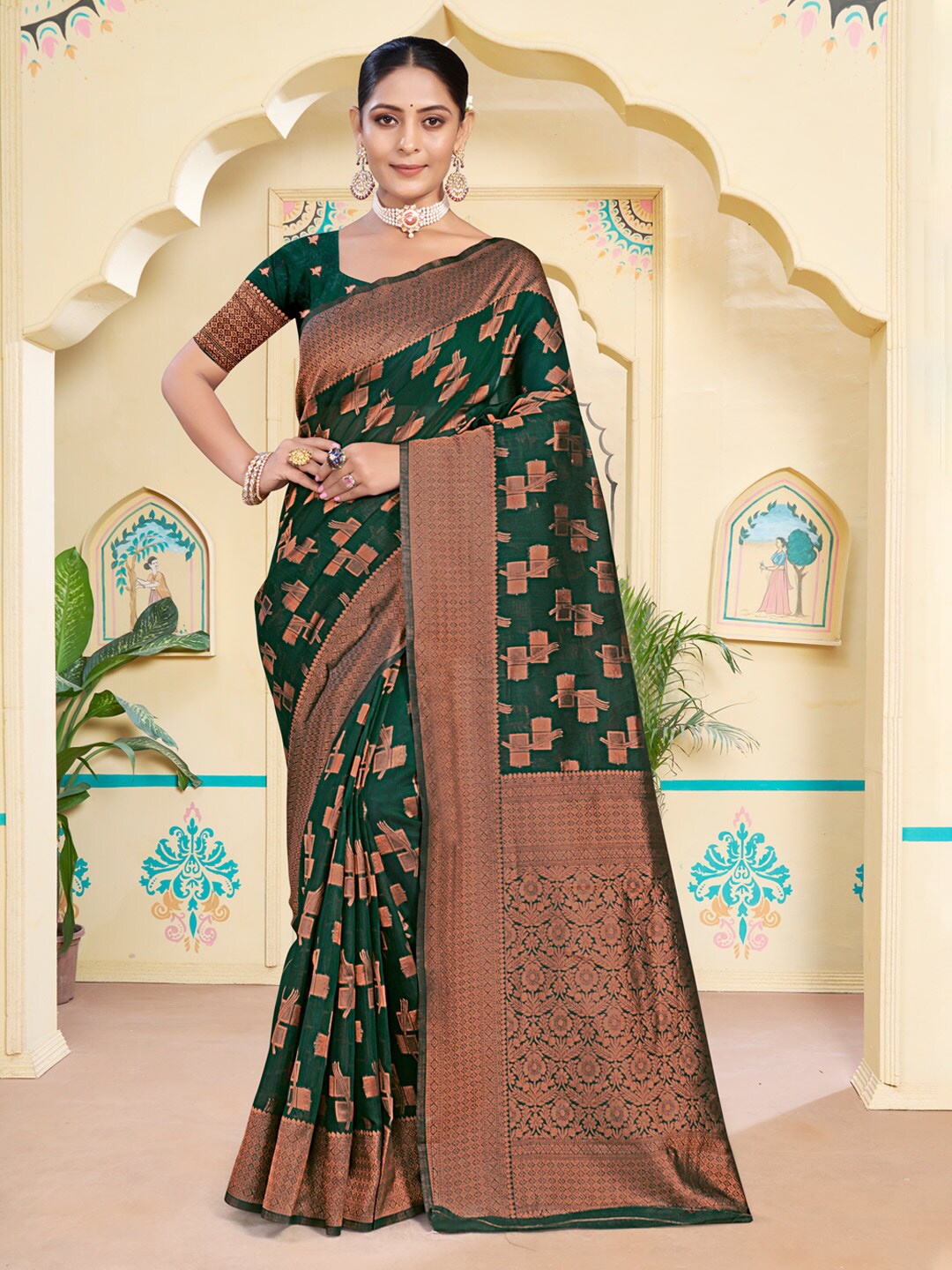 

SANGAM PRINTS Woven Design Zari Saree, Green