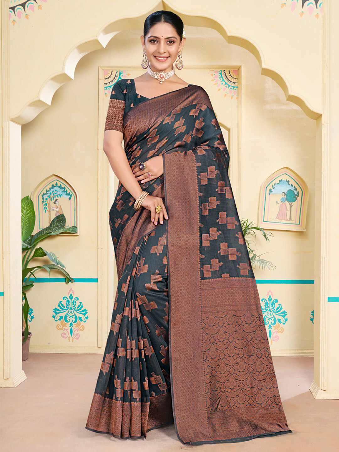 

SANGAM PRINTS Abstract Woven Design Zari Saree, Grey