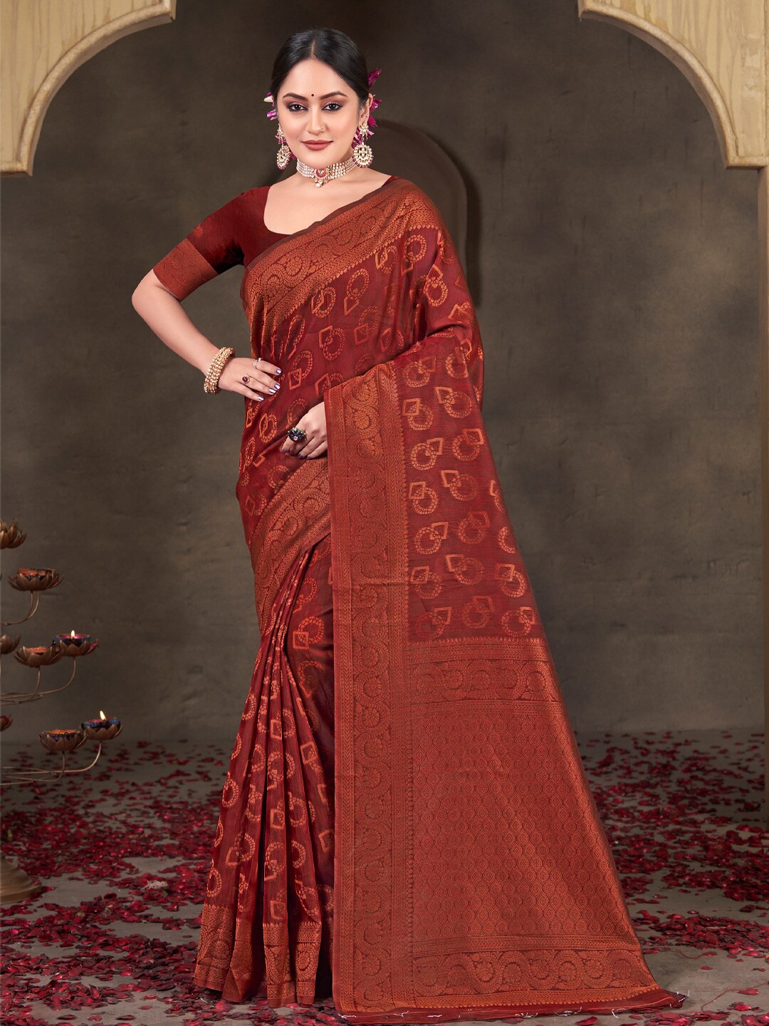 

SANGAM PRINTS Ethnic Motifs Woven Design Zari Saree, Brown