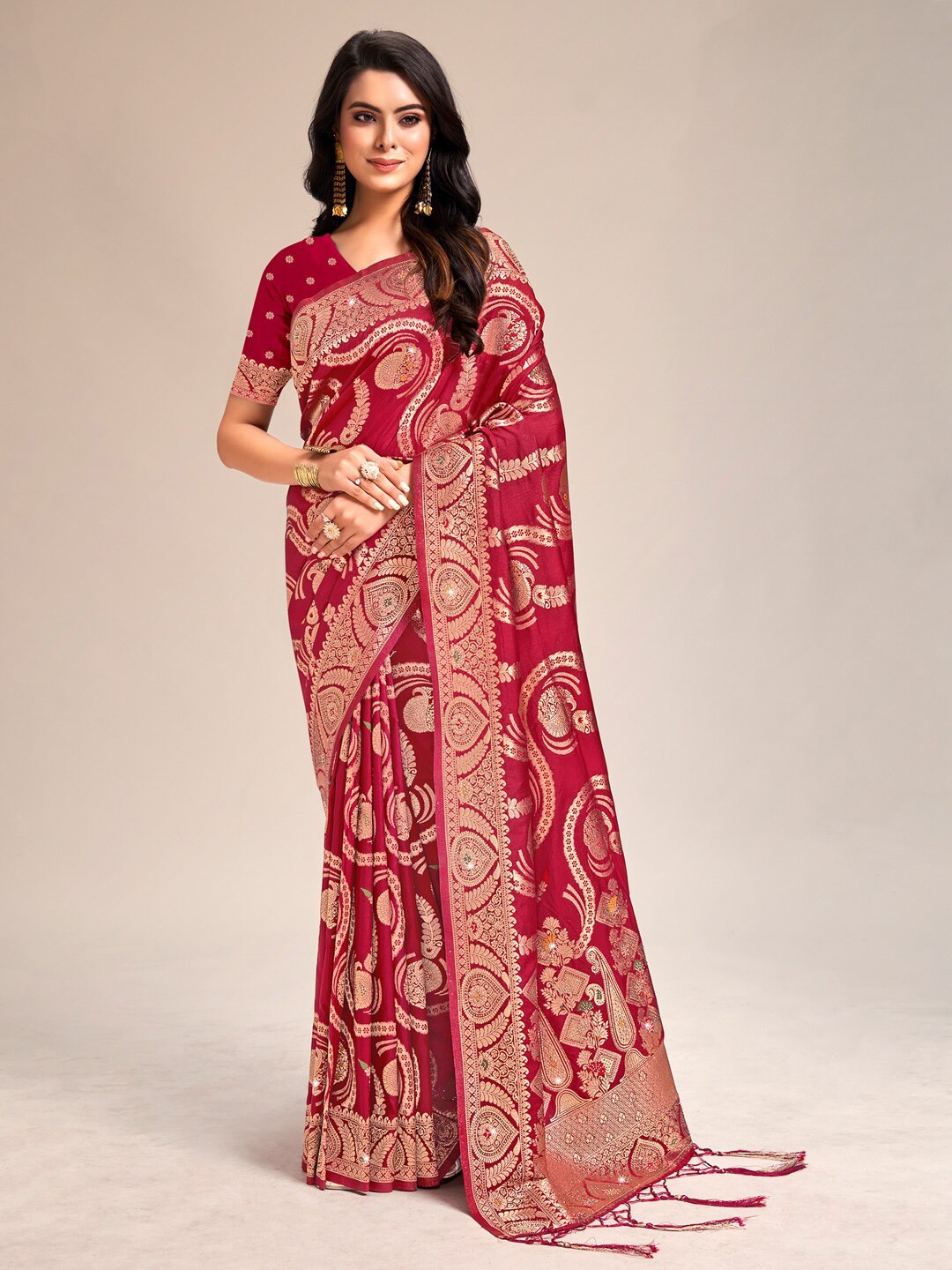 

SANGAM PRINTS Woven Design Zari Banarasi Saree, Red