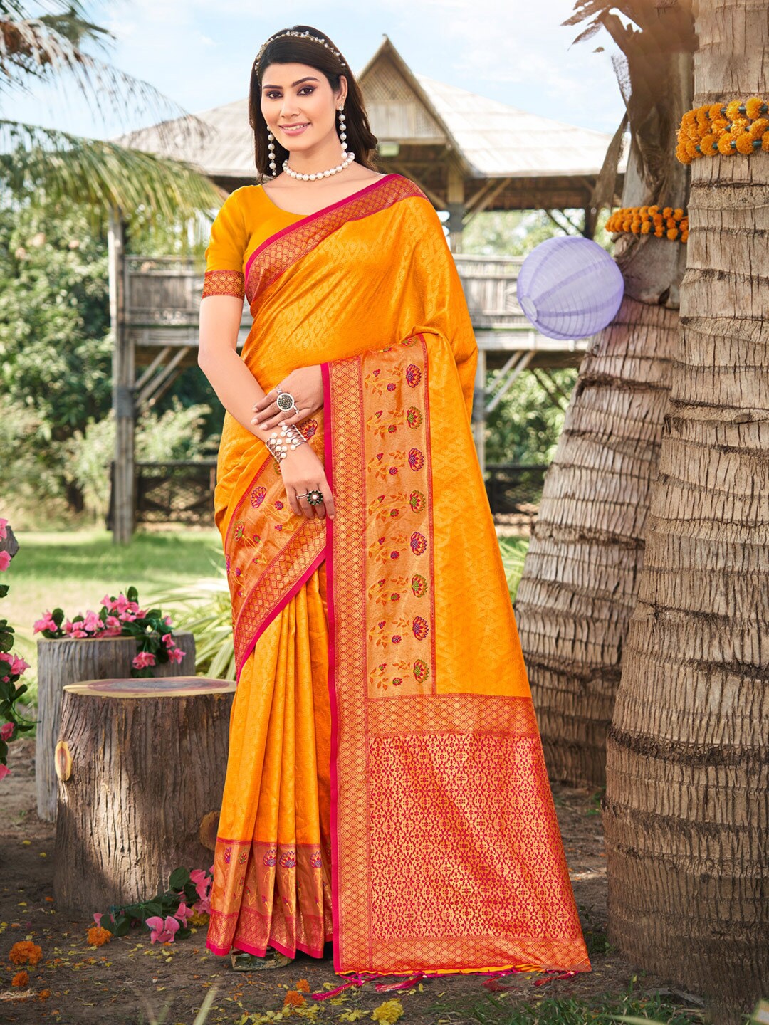 

SANGAM PRINTS Ethnic Motifs Woven Design Zari Banarasi Saree, Mustard