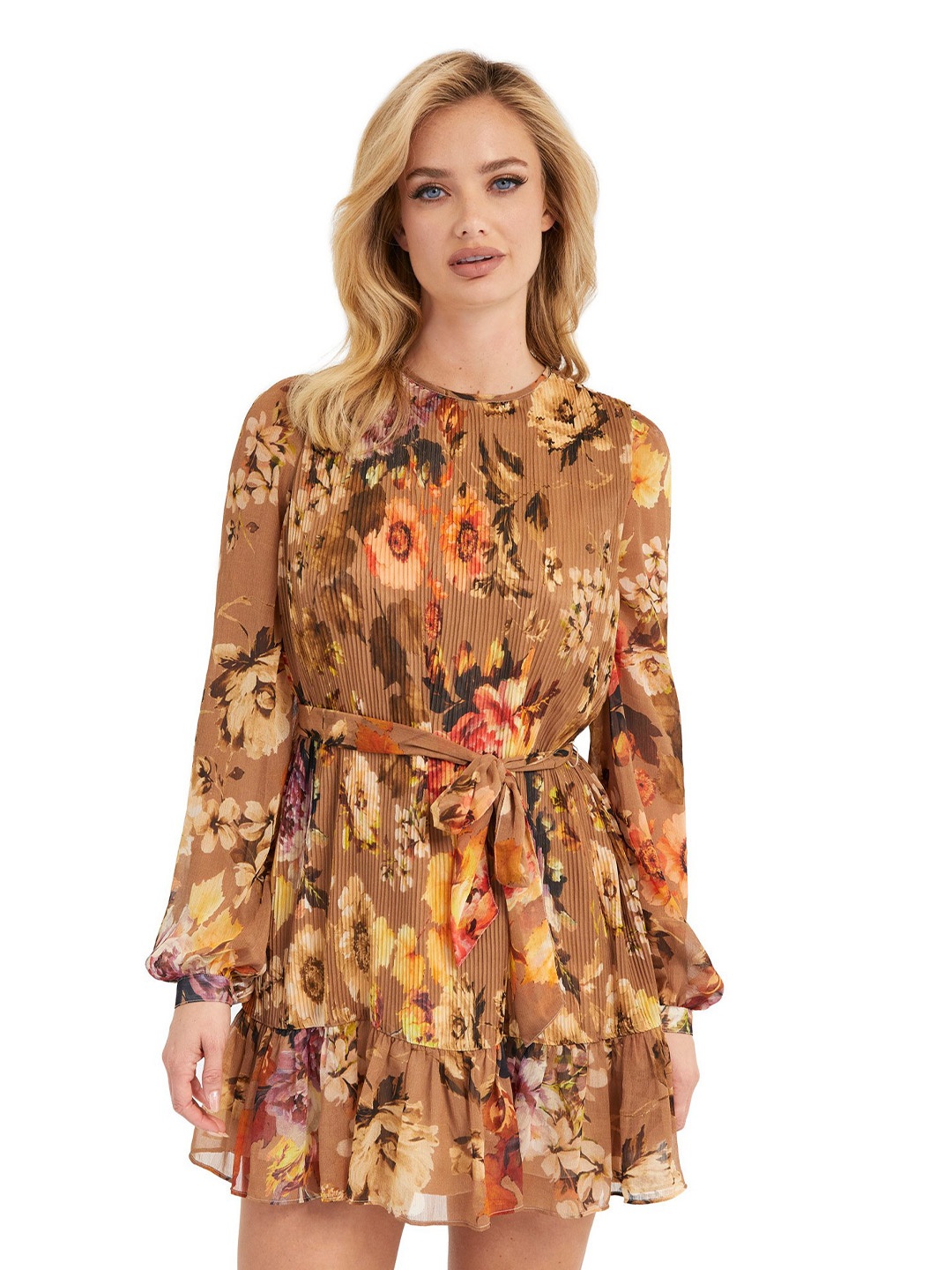 

GUESS Round Neck Floral Print Fit & Flare Dress, Brown