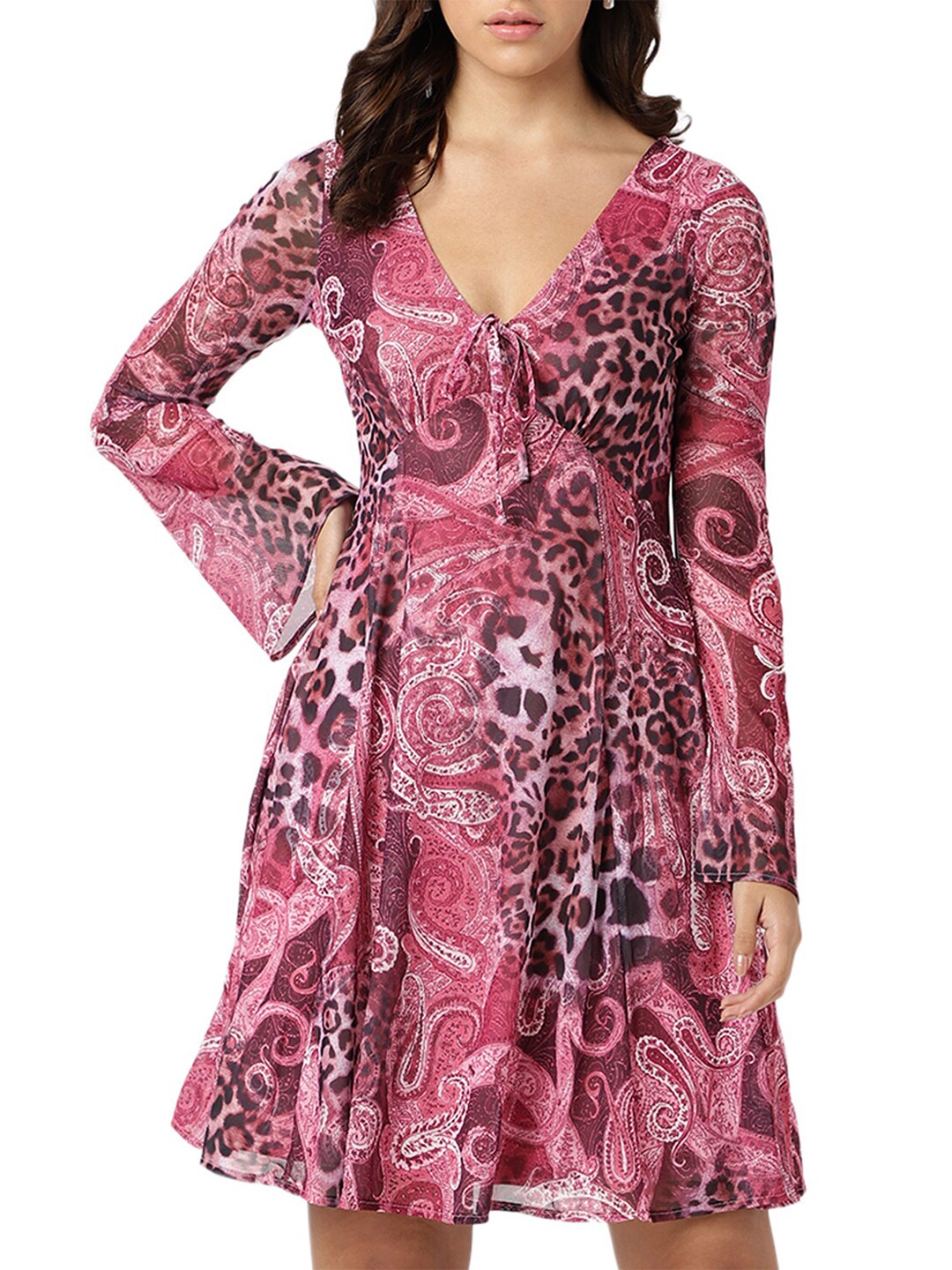 

GUESS V Neck Ethnic Motifs Print Bell Sleeve Fit & Flare Dress, Pink