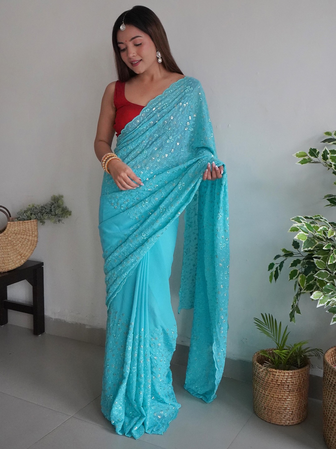 

Ekasya Floral Embroidered Sequinned Saree, Blue