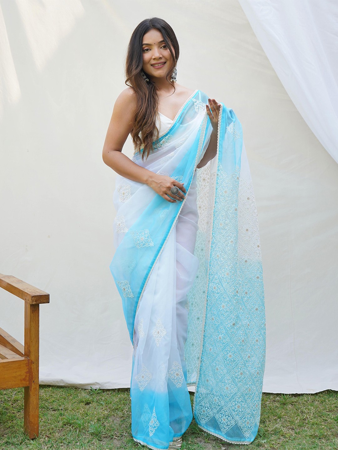 

Ekasya Embellished Embroidered Organza Saree, Blue