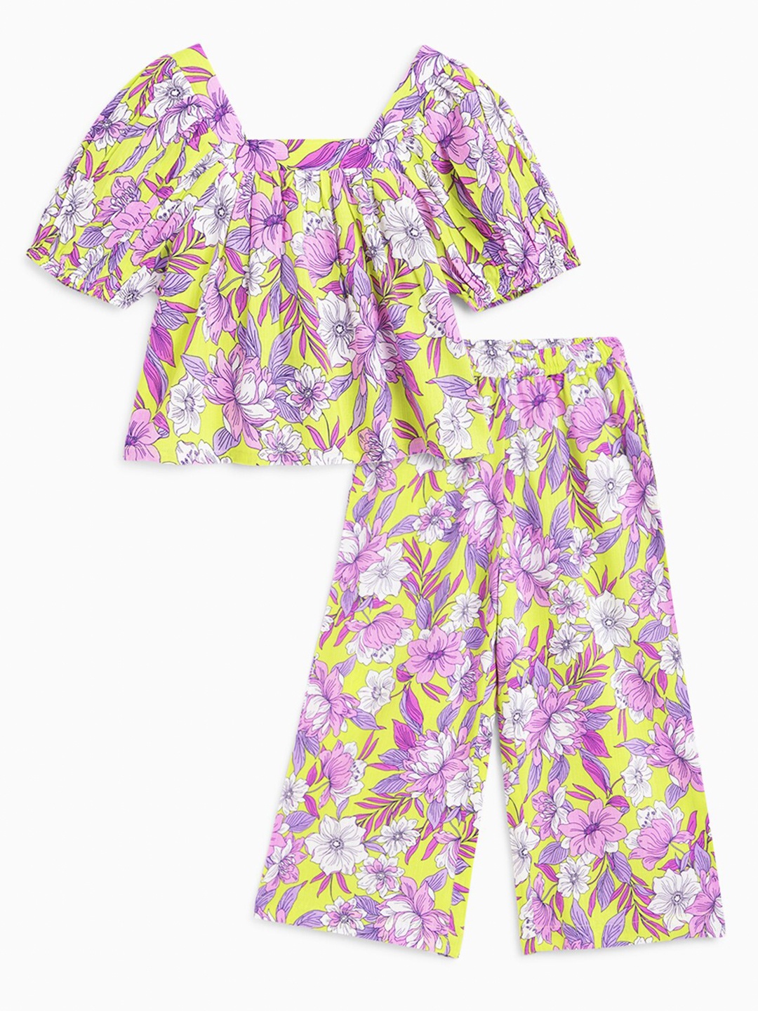 

Campana Girls Printed Square Neck Top with Trousers, Yellow