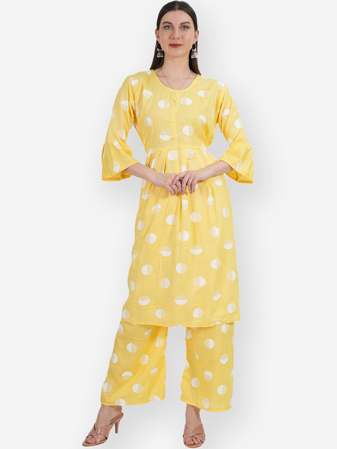 

TEEMOODS Geometric Printed Bell Sleeves Anarkali Kurta With Palazzos, Yellow