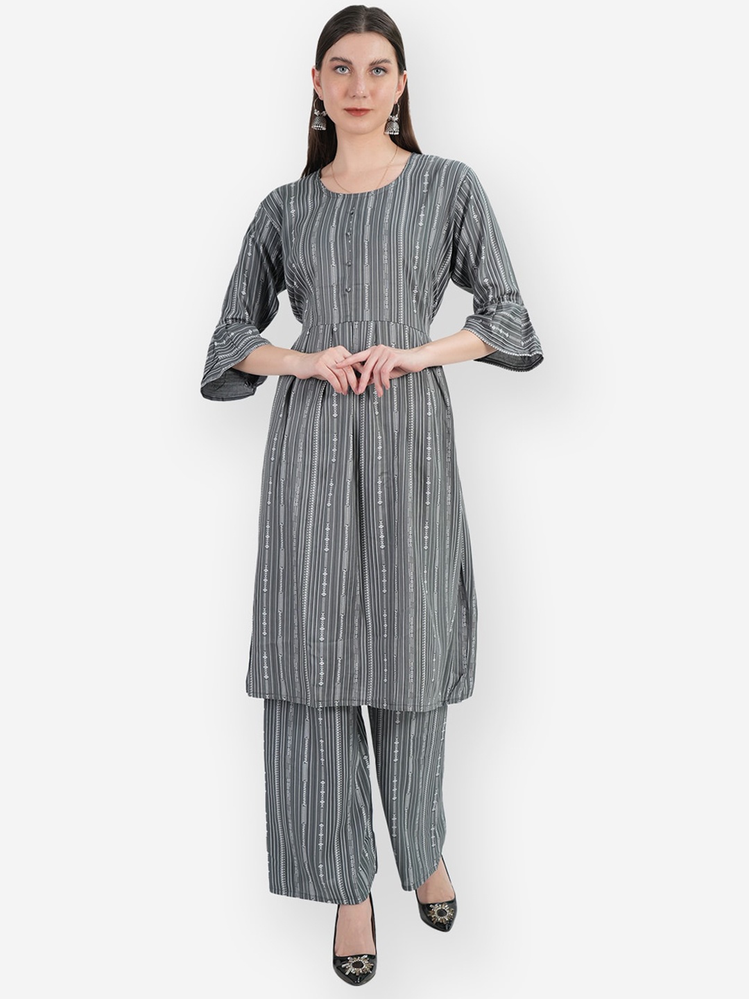 

TEEMOODS Printed Regular Kurti with Palazzo, Grey