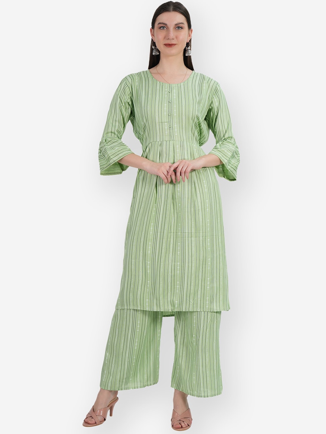 

TEEMOODS Striped Bell Sleeves Anarkali Kurta With Palazzos, Green