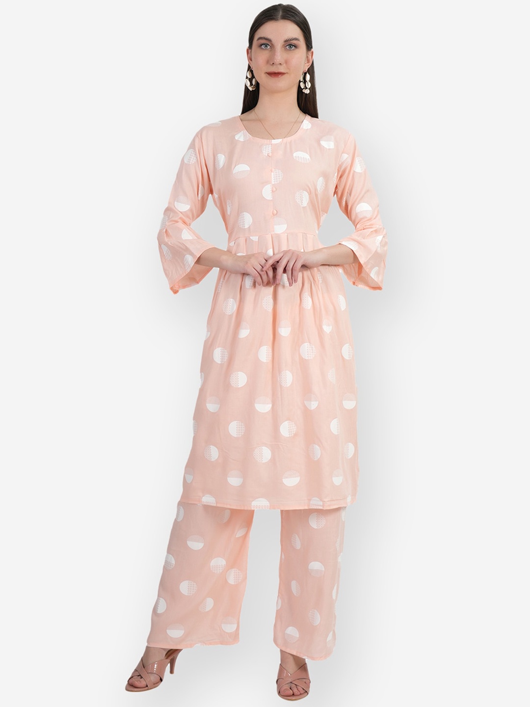 

TEEMOODS Geometric Printed Bell Sleeves Anarkali Kurta With Palazzos, Peach