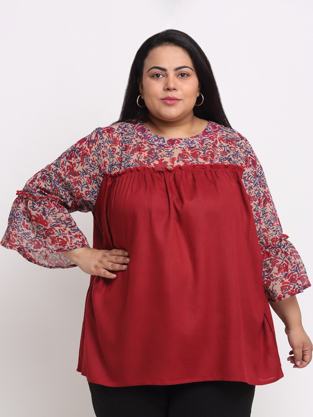 

sindrellastorie Floral Printed Round Neck Bell Sleeve Cotton Top, Maroon