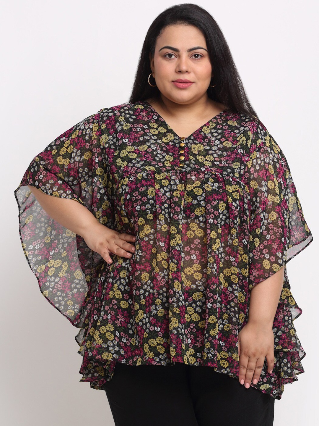 

sindrellastorie Floral Print Kimono Sleeve Georgette Kaftan Top, Black
